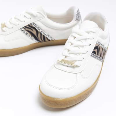 White animal print lace up trainers
