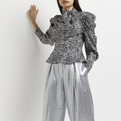 animal print tie neck blouse