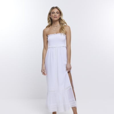 White bandeau beach midi dress | River Island