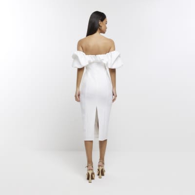 White bardot bodycon midi dress