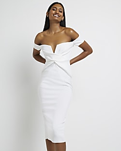 White bardot bodycon midi dress