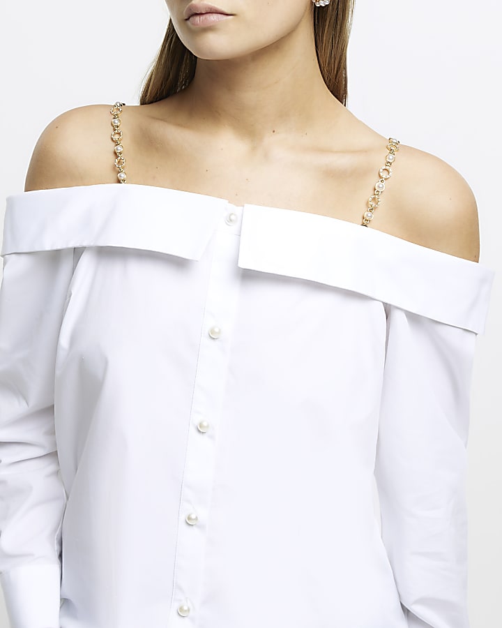 White bardot chain strap shirt