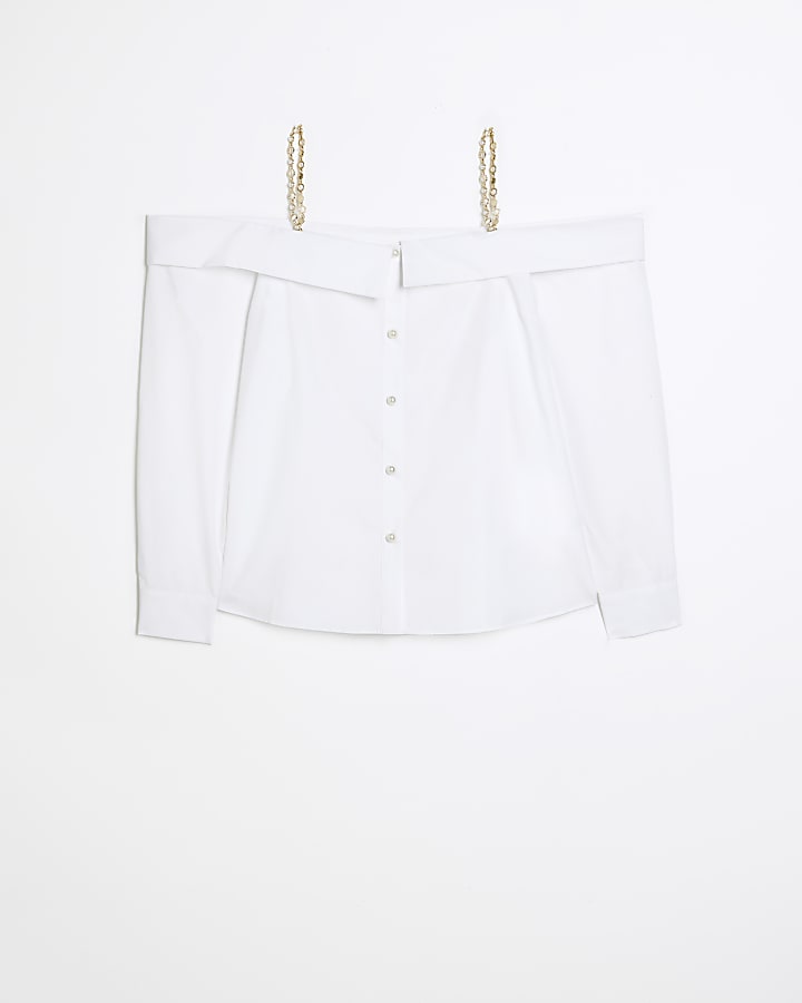 White bardot chain strap shirt
