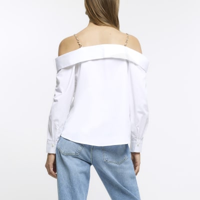White bardot chain strap shirt