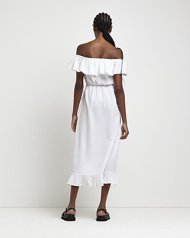 White Bardot Frill Midi Dress
