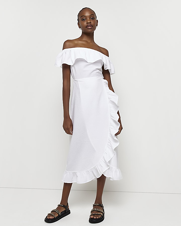 White Bardot Frill Midi Dress