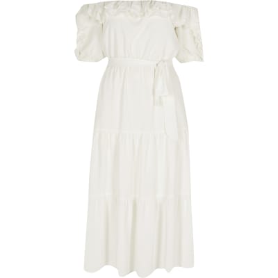 white bardot frill dress