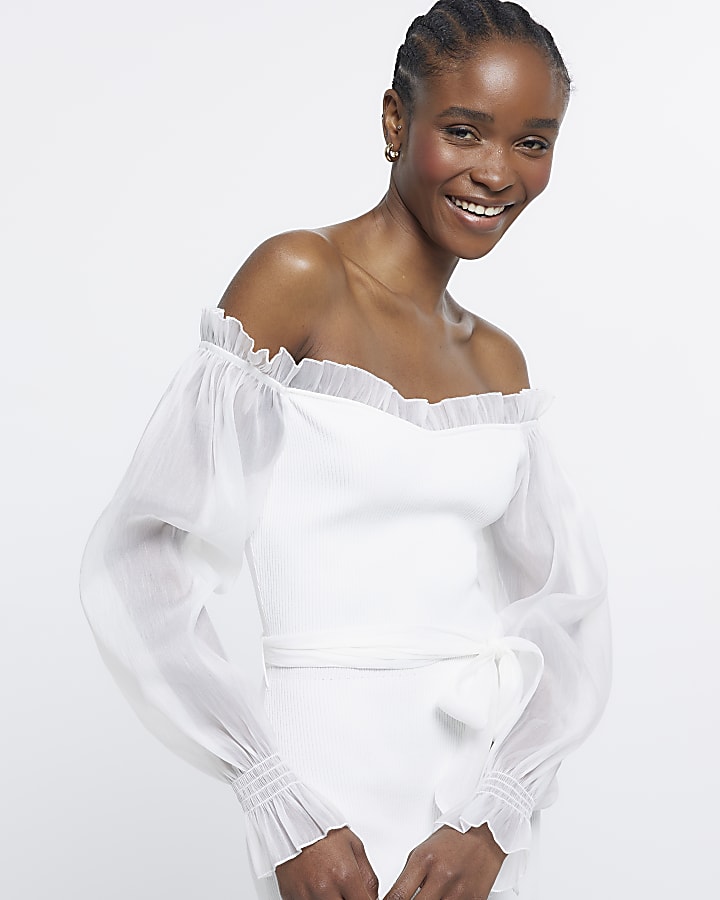 White bardot mesh sleeve bodycon mini dress