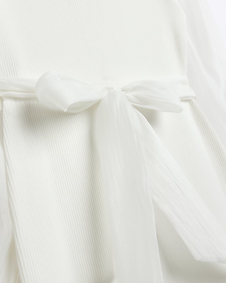 White bardot mesh sleeve bodycon mini dress
