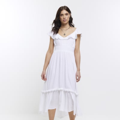 White bardot ruffle midi dress | River Island