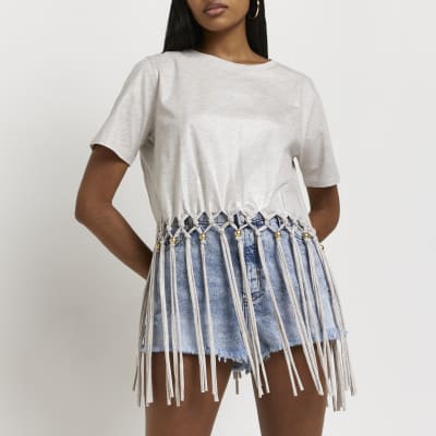 White Beaded Fringe T Shirt River Island