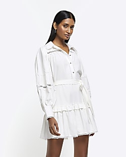 White belted lace trim mini dress