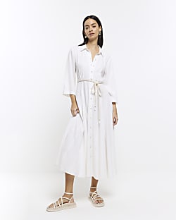 White belted linen midi dress