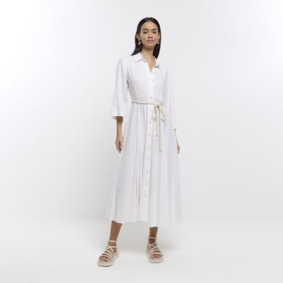 White belted linen midi dress River Island