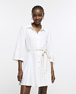 White belted linen mini shirt dress