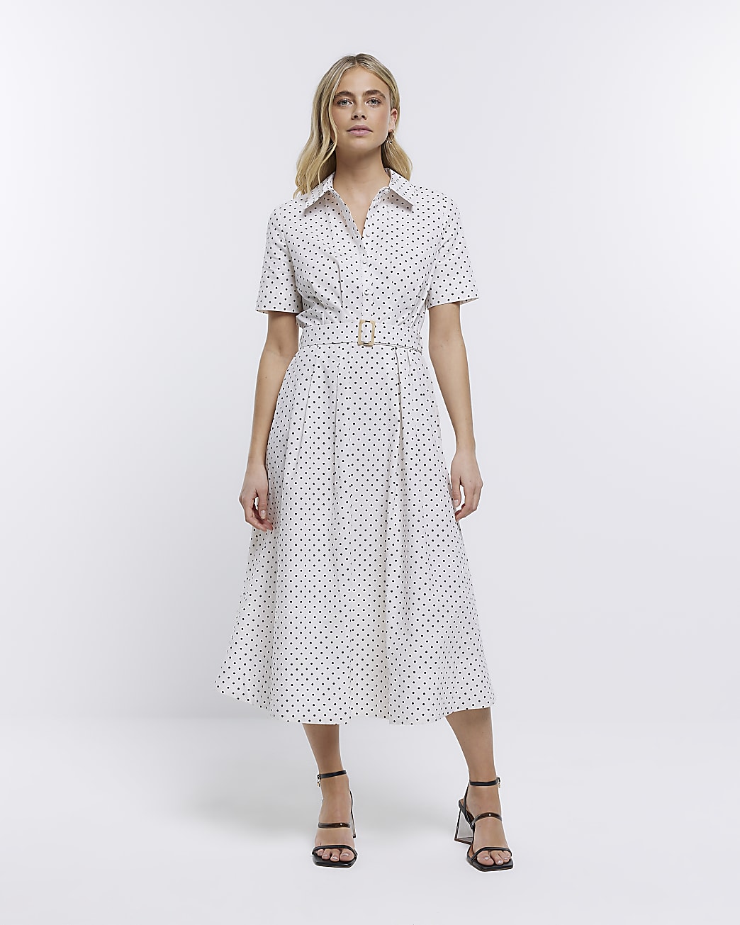 White belted spot midi collared dress, River Island
