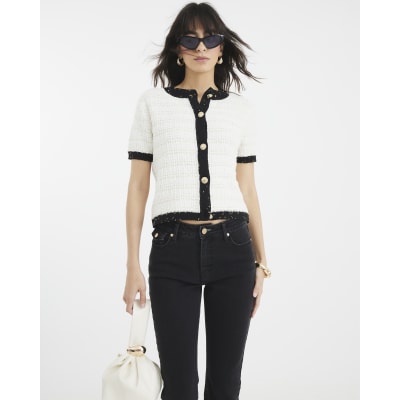 White Boucle Short Sleeve Cardigan