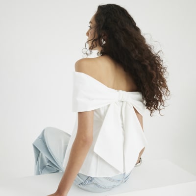 White Bow Bardot Top