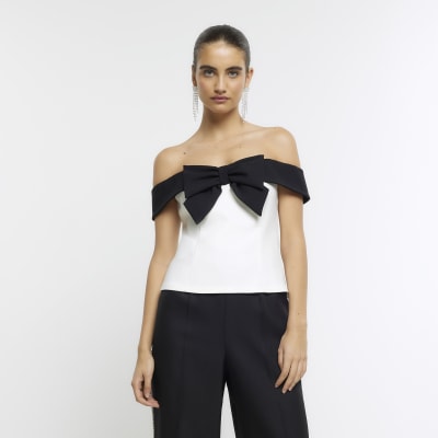 White bow detail bardot top River Island