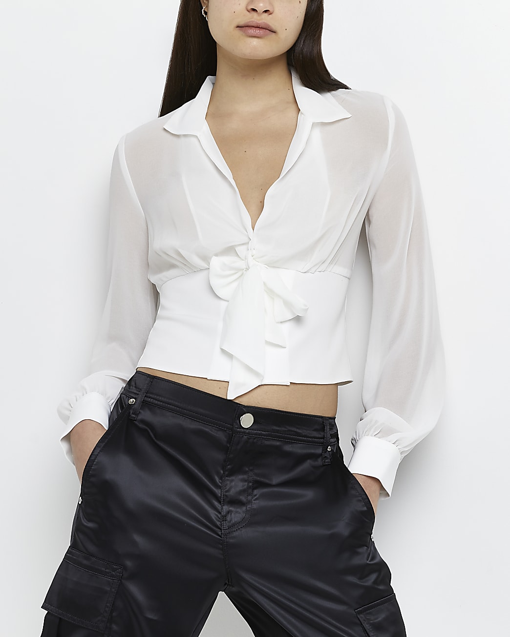 White bow neck cropped blouse