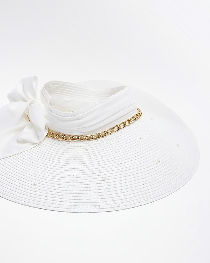 White bow straw visor hat