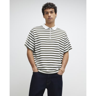 White Boxy Stripe Zip Neck Polo Shirt