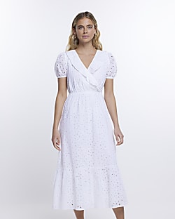 White Brodeire Wrap Midi Dress