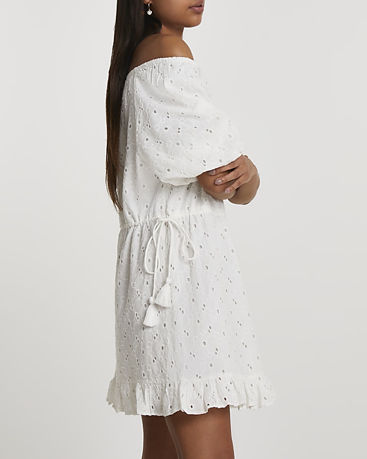 White broderie bardot mini dress