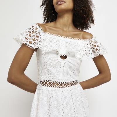 River island white hot sale lace bardot dress