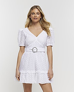 White broderie belted swing mini dress