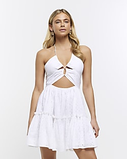 White broderie cut out beach mini dress