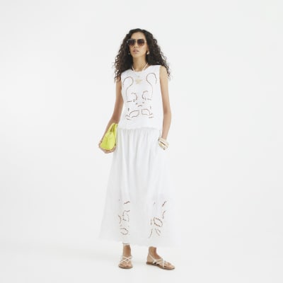 White Broderie Cutwork Maxi Skirt