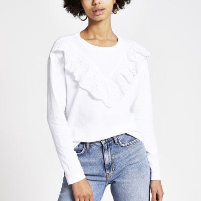 White broderie frill long sleeve T-shirt | River Island
