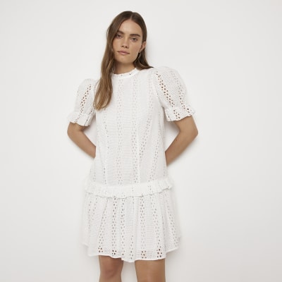 White Broderie Frill Mini Dress | River Island