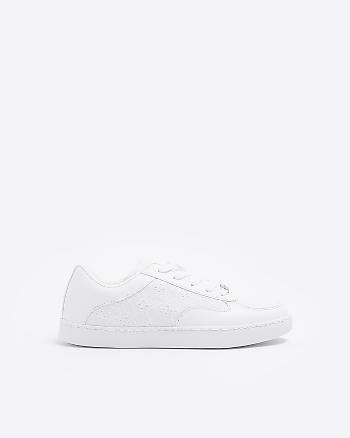White broderie lace up trainers