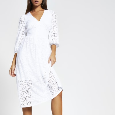 White Broderie Long Sleeve Smock Midi Dress River Island