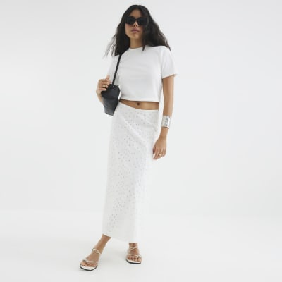 White Broderie Midi Skirt