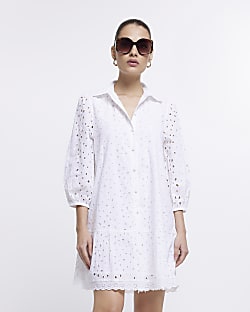 White broderie mini shirt dress