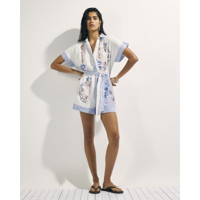 White Broderie Patchwork Stripe Playsuit