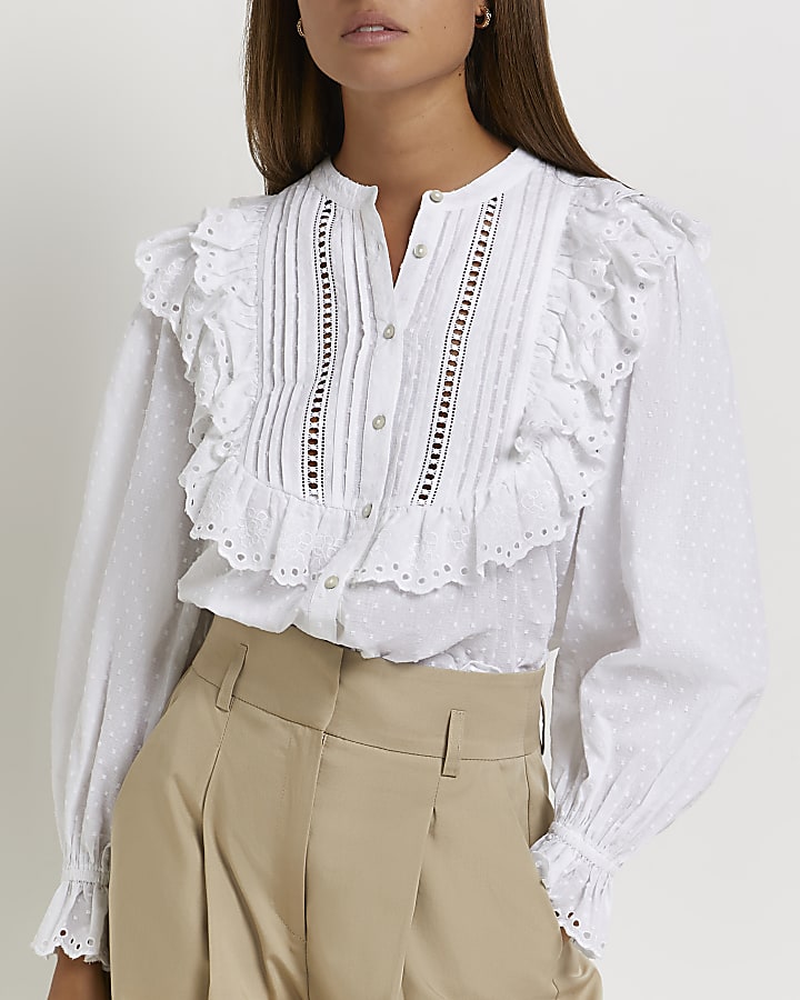 White broderie ruffle blouse