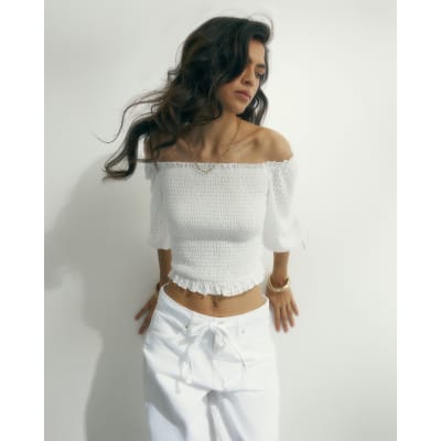 White Broderie Shirred Bardot Top | River Island