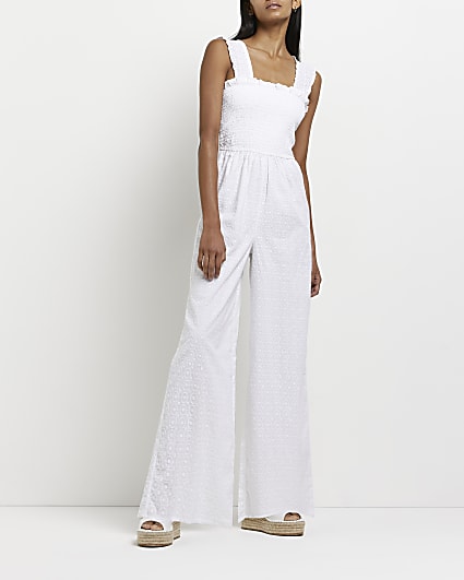 White broderie shirred jumpsuit