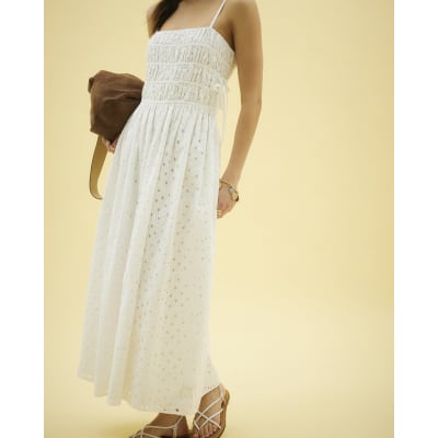 White Broderie Shirred Maxi Dress River Island