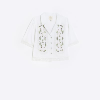 White broderie short sleeve shirt with linen | River Island