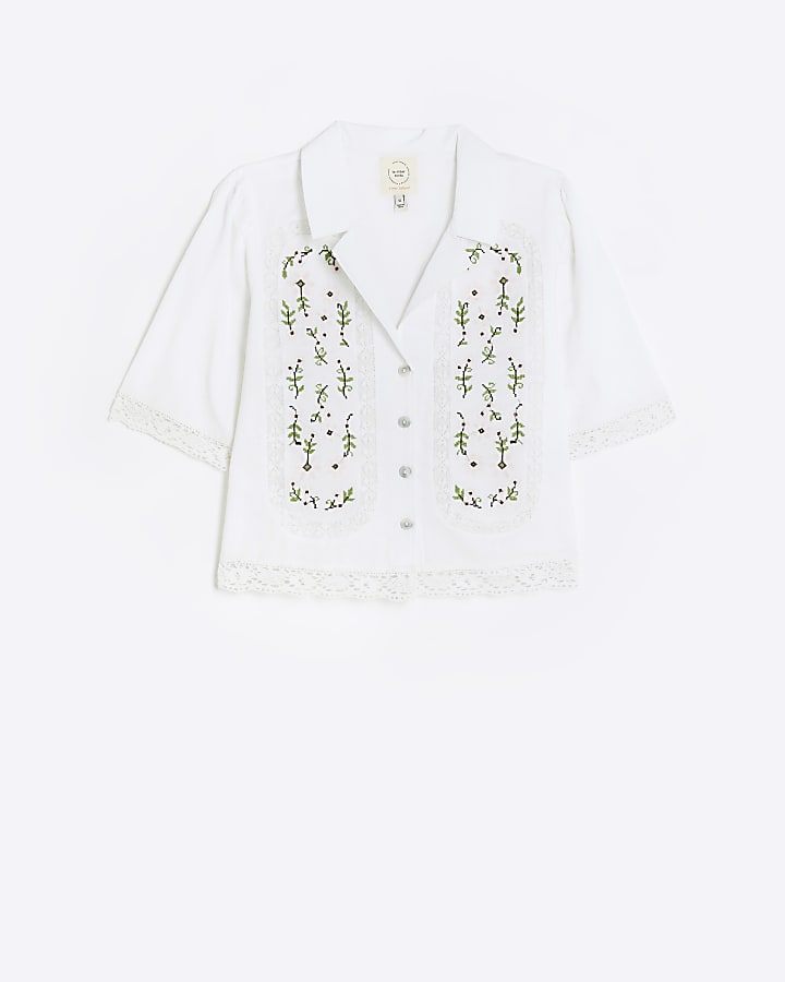 White broderie short sleeve shirt with linen