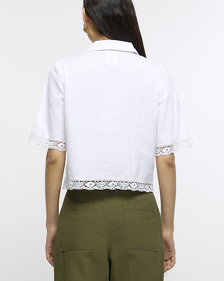 White broderie short sleeve shirt with linen