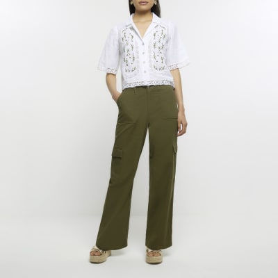 White broderie short sleeve shirt with linen