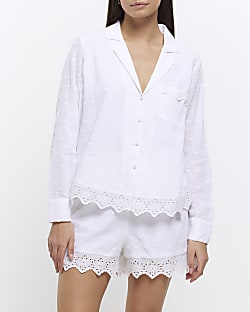 White broderie trim top and shorts pyjama set