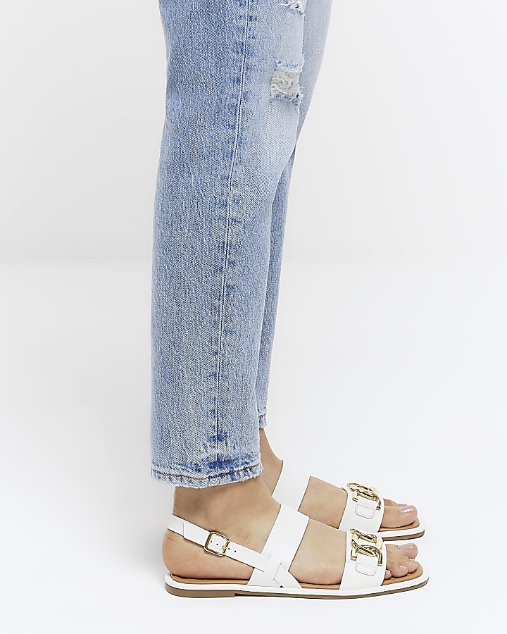 White buckle flat sandals
