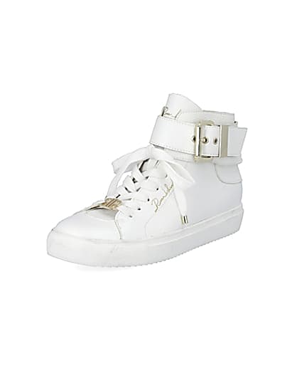 360 degree animation of product White buckle strap high top trainers frame-0